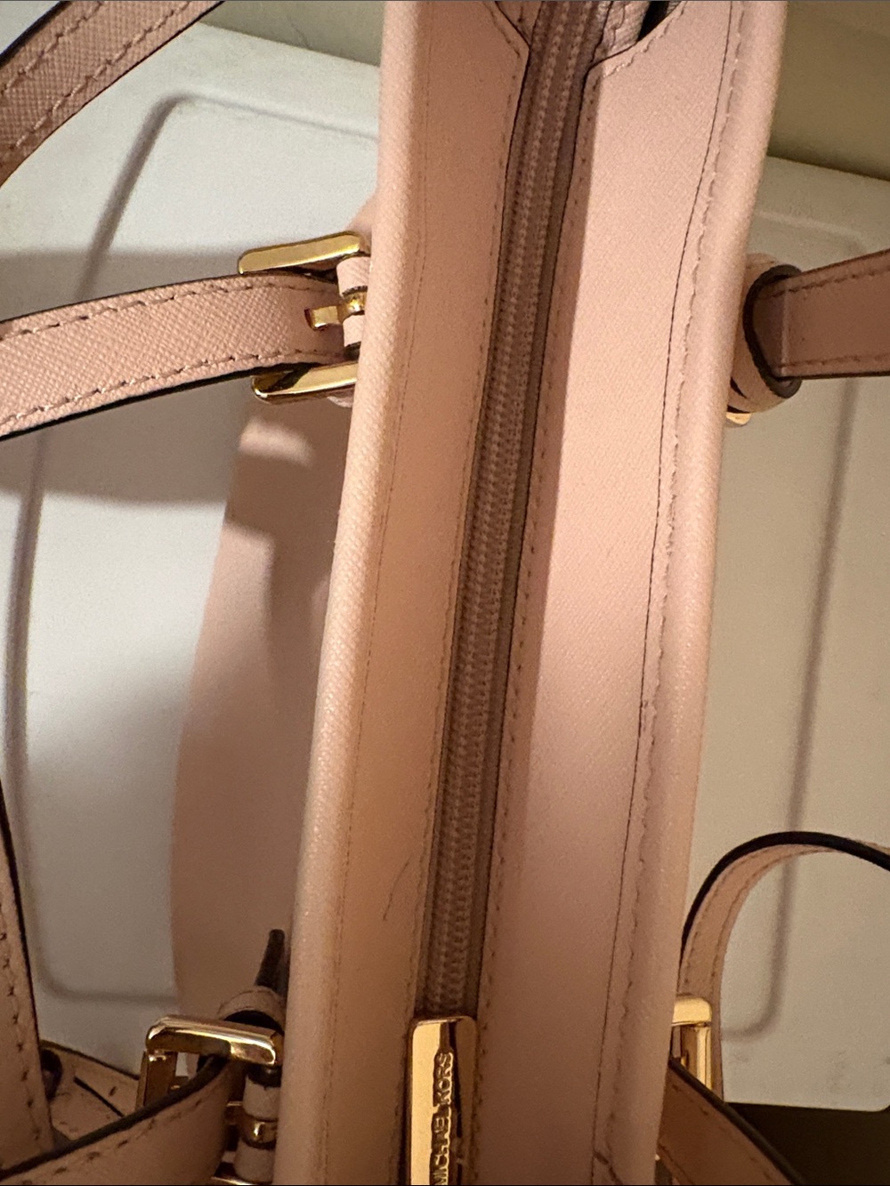 Blush Saffiano Tote wGold. Used twice. little blue on edge of purse from Jeans - Picture 5 of 6